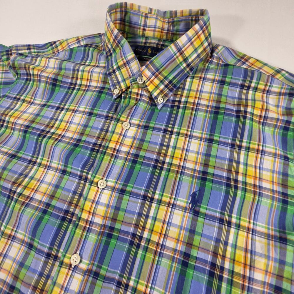 Polo Ralph Lauren Men's XXL Blue Green Plaid Shirt Slim Fit 100% Cotton